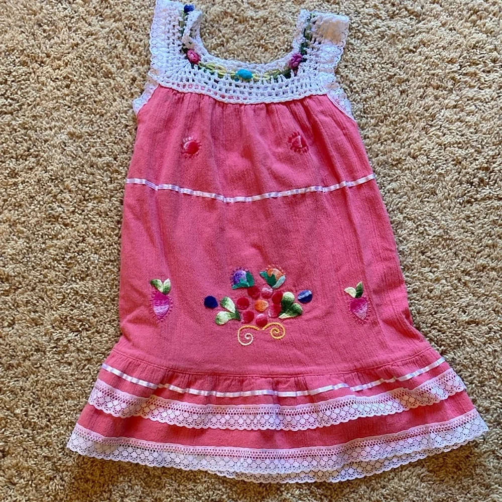 Girls Pink Embroidered Sundress with Crochet Trim